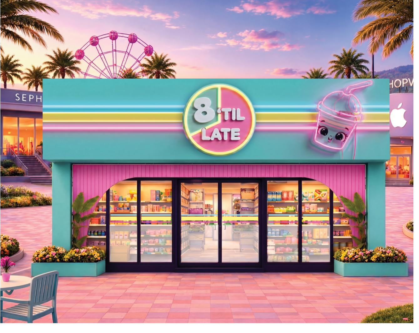 The 8'til Late Shopkins storefront at sunset